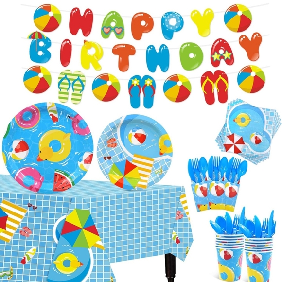 Other - Pool Party Birthday Supplies Set 20 Guests Birthday Banner Table Cover Swim‎